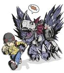  1boy armor claws cyborg digimon digimon_world fangs full_armor helmet metalgreymon metalgreymon_(virus) monster running simple_background solo weapon wings 