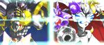  2boys alphamon alphamon_ouryouken arm_cannon armor bandai cannon cape digimon digimon_adventure digimon_adventure_tri digimon_adventure_tri. full_armor horns ky?kyoku_senjin_oury?ken kyå«kyoku_senjin_ouryå«ken male_focus monster multiple_boys no_humans omegamon royal_knights simple_background sketch solo sword weapon 