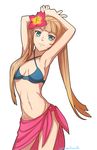  1girl armpits bare_shoulders bikini blue_eyes breasts brown_hair cleavage coma2 elle_mel_martha flower long_hair mound_of_venus navel simple_background smile solo swimsuit tales_of_(series) tales_of_xillia_2 twintails 