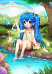  animal bad_id bad_pixiv_id bag bagged_fish bandaid bandaid_on_knee barefoot blue_eyes blue_hair bunny child day fish flower hair_flower hair_ornament hair_ribbon handbag hydrangea long_hair looking_at_viewer nature original outdoors peter_(will100sss) plastic_bag rainbow ribbon sandals shoes_removed sitting smile soaking_feet solo tree twintails very_long_hair water 