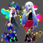  bayonetta bayonetta_(character) bayonetta_2 black_hair crossover grey_hair gun hair_over_one_eye inkling jeanne_(bayonetta) long_hair multiple_girls nanini1710 nintendo platform_footwear platform_shoes pointy_ears short_hair simple_background splatoon squid striped_legwear weapon 