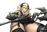  axe battle_axe black_legwear blonde_hair blue_eyes breasts cleavage garter_straps gauntlets holding holding_weapon horns large_breasts long_hair original shinazo simple_background solo thighhighs weapon white_background 