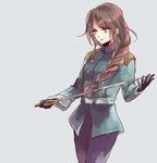  axis_powers_hetalia black_gloves braid brown_hair buttons epaulettes genderswap genderswap_(mtf) gloves holding holding_sword holding_weapon kozukue lithuania_(hetalia) long_hair long_sleeves military military_uniform pants purple_eyes purple_pants simple_background single_braid solo sword uniform weapon 