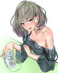  alcohol aqua_eyes bare_shoulders beer breasts highres idolmaster idolmaster_cinderella_girls looking_at_viewer medium_breasts mole mole_under_eye open_mouth rolua short_hair solo takagaki_kaede 