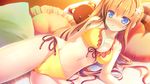  :o bikini blue_eyes blush breasts cleavage front-tie_bikini front-tie_top game_cg hair_ornament halterneck highres long_hair love_rec. lying medium_breasts narumi_yuu_(bunbukudou) navel nose_blush on_side orange_hair pillow side-tie_bikini solo stuffed_animal stuffed_toy swimsuit teddy_bear yellow_bikini yoshinaga_chiho 