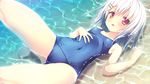  :o barefoot beach blush cameltoe covered_navel from_above game_cg grey_hair hair_ornament hairclip highres looking_at_viewer love_rec. nimura_yuuji old_school_swimsuit one-piece_swimsuit open_mouth outdoors school_swimsuit short_hair solo swimsuit water wet yanase_hitomi 