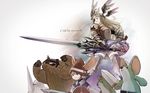  armor armored_dress blonde_hair braid breastplate character_request copyright_name eyepatch head_wings holding holding_sword holding_weapon ichi_inaru knee_pads little_noah long_hair multiple_wings panties pantyshot pantyshot_(standing) pauldrons single_braid smile standing sword thighhighs underwear weapon white_panties wings 