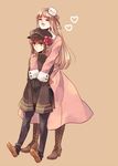  :d axis_powers_hetalia bad_id bad_pixiv_id black_gloves boots brown_background brown_footwear china_(hetalia) closed_eyes cross-laced_footwear dress fur_hat fur_trim genderswap genderswap_(mtf) gloves hat hat_ribbon heart height_difference kozukue lace-up_boots long_sleeves military military_uniform mini_hat multiple_girls open_mouth pink_dress pink_ribbon ribbon russia_(hetalia) simple_background smile uniform 