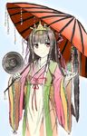 90i blush brown_hair commentary_request japanese_clothes kimono long_hair sketch smile solo 