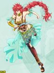  1girl attack braid breasts dagger female gradient gradient_background large_breasts omc red_eyes red_hair smile solo weapon wink 