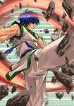  attack blue_hair debris dougi fatal_fury fingerless_gloves gloves japanese_clothes kagehi_no_loo karate_gi kicking kim_jae_hoon male_focus mark_of_the_wolves martial_arts muscle snk solo taekwondo teeth 