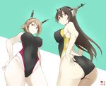  adjusting_clothes adjusting_swimsuit ass bad_id bad_twitter_id black_hair breasts brown_hair competition_swimsuit covered_navel green_eyes headgear kantai_collection large_breasts multiple_girls mutsu_(kantai_collection) nagato_(kantai_collection) one-piece_swimsuit red_eyes souji swimsuit 