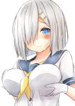  absurdres blue_eyes blush breast_hold breast_lift breasts gloves hair_ornament hair_over_one_eye hairclip hamakaze_(kantai_collection) highres kantai_collection large_breasts neckerchief saku_(kudrove) school_uniform serafuku short_sleeves silver_hair solo upper_body white_gloves yellow_neckwear 