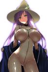  black_mage blush bodysuit breasts commentary covered_nipples faris_scherwiz final_fantasy final_fantasy_v green_eyes hat hima huge_breasts impossible_bodysuit impossible_clothes long_hair nipples purple_hair see-through sheer_bodysuit skin_tight solo very_long_hair witch_hat 
