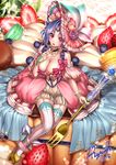  2015 artist_name blue_hair blueberry breasts choker cleavage collarbone fingerless_gloves food forehead_tattoo fork fruit garter_straps gloves hat highres in_food large_breasts looking_at_viewer macaron minigirl mismatched_gloves open_mouth original pink_eyes raspberry ryuki@maguro-ex sitting solo strawberry striped striped_legwear thighhighs vertical-striped_legwear vertical_stripes 
