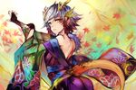  ass bare_shoulders blue_eyes bridal_gauntlets dragon_girl dragon_tail facial_mark floral_print hair_between_eyes hair_ornament heterochromia highres horns japanese_clothes kaede_(p&amp;d) kimono long_sleeves mi_bait obi off_shoulder pointy_ears puzzle_&amp;_dragons sash scales short_hair silver_hair solo tail wide_sleeves yellow_eyes 