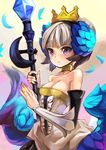  bare_shoulders breasts bridal_gauntlets choker cleavage collarbone detached_sleeves feathered_wings feathers gradient gradient_background gwendolyn hair_bun hair_up hairband lavender_eyes odin_sphere phandit_thirathon pteruges ring silver_hair solo spear tiara upper_body wings 