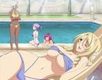  4girls bikini bikini_warriors blonde_hair blue_eyes breasts cleavage dark_elf_(bikini_warriors) dark_skin fighter_(bikini_warriors) highres large_breasts long_hair lying mage_(bikini_warriors) multiple_girls paladin_(bikini_warriors) red_hair sitting smile standing stitched summer swimsuit underboob 