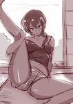  blush braid breasts camisole genderswap genderswap_(mtf) hair_over_shoulder leg_up looking_at_viewer monochrome naughty_face nbo off_shoulder presenting ranma-chan ranma_1/2 saotome_ranma short_shorts shorts single_braid sketch small_breasts solo spread_legs strap_slip tatami 