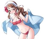  :d bikini blush breasts brown_eyes brown_hair cleavage cowboy_shot criss-cross_halter flower groin hair_flower hair_ornament halter_top halterneck headdress holding italia_(kantai_collection) kantai_collection kuzuryuu_kennosuke large_breasts littorio_(kantai_collection) long_hair navel nose_blush open_mouth red_bikini side_ponytail simple_background smile solo swimsuit towel white_background 