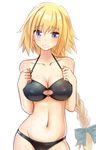  bikini blonde_hair blue_eyes blush braid breast_suppress breasts covered_nipples fate/apocrypha fate_(series) grin jeanne_d'arc_(fate) jeanne_d'arc_(fate)_(all) large_breasts long_hair looking_at_viewer o-ring o-ring_top purple_eyes rain_(nadroj31) single_braid smile solo swimsuit very_long_hair 