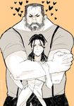 1boy 1girl beard biceps facial_hair fullmetal_alchemist hair_up hairlocs hug hug_from_behind husband_and_wife izumi_curtis monochrome muscle pearsfears sig_curtis size_difference 
