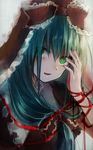  arm_ribbon blurry frills front_ponytail green_eyes green_hair hair_ornament hair_ribbon highres kagiyama_hina long_hair looking_at_viewer maho_moco open_mouth ribbon smile solo touhou upper_body 