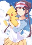  blue_eyes blue_sky bow brown_hair chikuwa. cloud day double_bun gen_1_pokemon long_hair mei_(pokemon) one_eye_closed pikachu pokemon pokemon_(creature) pokemon_(game) pokemon_bw2 raglan_sleeves shorts sky smile twintails very_long_hair visor_cap 