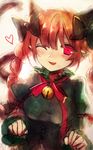  animal_ears bell blurry blush bow braid cat_ears cat_tail colorized extra_ears fang hair_bow hair_ornament heart highres kaenbyou_rin long_hair long_sleeves maho_moco multiple_tails open_mouth paw_pose pointy_ears puffy_sleeves red_eyes red_hair ribbon sketch smile solo tail touhou twin_braids upper_body 