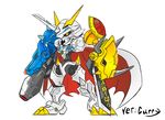  arm_cannon armor cannon cape chibi digimon full_armor horns monster no_humans omegamon red_eyes royal_knights shoulder_pads simple_background solo sword weapon white_background 
