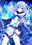  belt black_gloves braid buttons cape checkered checkered_floor gloves iwashikami long_sleeves looking_at_viewer open_mouth original pants rod silver_hair single_braid snowflakes solo standing symbol-shaped_pupils 