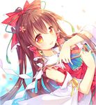  bare_shoulders bow brown_hair detached_sleeves gohei hair_bow hair_ornament hair_tubes hakurei_reimu haraegushi lowres oonusa open_mouth petals pf red_eyes solo touhou 