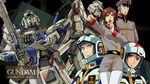  1girl 3boys blue_eyes ford_romfellow gun gundam gundam_g04 gundam_g05 gundam_side_story:_from_place_beyond_the_blaze hat headset highres kilstein_lombard luce_kassel mecha military_uniform miyu_takisawa multiple_boys official_art pilot_suit pointing simple_background space_craft thoroughbred uniform weapon 