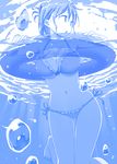  bare_legs barefoot bikini blue breasts commentary_request folded_ponytail frilled_bikini frills from_below front-tie_top getsuyoubi_no_tawawa himura_kiseki innertube large_breasts monochrome navel open_mouth partially_submerged side-tie_bikini solo swimsuit underwater wet 