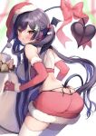  1girl ayuma_sayu bare_shoulders black_hair bow breasts christmas cowboy_shot crop_top demon_tail elbow_gloves from_behind frown fur_trim gloves hat highres large_breasts leaning_forward long_hair looking_at_viewer looking_back midriff miniskirt original panties parted_lips red_eyes red_gloves red_headwear red_skirt revealing_clothes sack santa_hat shirt skirt sleeveless sleeveless_shirt solo standing string_panties tail tail_bow tail_ornament thighhighs twintails underwear very_long_hair white_legwear white_shirt zettai_ryouiki 