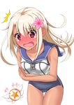  absurdres blonde_hair blush cosplay crop_top fate/kaleid_liner_prisma_illya fate_(series) flower hair_flower hair_ornament highres illyasviel_von_einzbern kantai_collection long_hair look-alike magical_ruby one-piece_swimsuit red_eyes ro-500_(kantai_collection) ro-500_(kantai_collection)_(cosplay) sailor_collar school_swimsuit shirouzu_myuuta swimsuit swimsuit_under_clothes tan tanline tears 