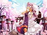  blonde_hair blush bow cherry_blossoms day dress eyes flower frilled_dress frills gap hair_bow hair_ornament hat hat_ribbon layered_dress long_hair long_sleeves looking_at_viewer mob_cap natie_(latte) nature parasol petals puffy_sleeves ribbon sky smile solo stairs tabard torii touhou tree umbrella white_dress wide_sleeves yakumo_yukari yellow_eyes 