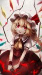  arm_ribbon ascot asymmetrical_hair blonde_hair blood blurry crystal fang flandre_scarlet hat hat_ribbon highres looking_at_viewer looking_up maho_moco mob_cap open_mouth puffy_sleeves red_eyes ribbon shirt short_sleeves side_ponytail skirt skirt_set smile solo touhou vest wings wrist_cuffs 