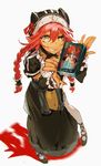  book braid commentary_request dark_skin hat hat_ribbon long_hair looking_at_viewer lupusregina_beta maid official_art overlord_(maruyama) red_hair ribbon smile so-bin solo twin_braids wolf yellow_eyes 