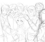  6+boys :d aviator_cap blush goggles goggles_on_head greyscale head_wreath highres kantai_collection long_hair monochrome multiple_boys open_mouth petting ryuujou_(kantai_collection) sketch smile tama_wo twintails 