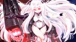  :p airfield_hime ataru_(cha2batake) bracer bright_pupils covered_navel crossed_legs fire horns kantai_collection leotard long_hair machinery mechanical_arm red_eyes shinkaisei-kan sitting smile solo tongue tongue_out uneven_eyes very_long_hair white_hair white_skin 