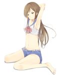  alp arms_up barefoot breasts brown_eyes brown_hair full_body idolmaster idolmaster_cinderella_girls long_hair medium_breasts midriff nitta_minami sailor_collar simple_background smile solo 