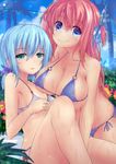  aqua_eyes bikini blue_eyes blue_hair breast_press breasts heart_ring_top highres large_breasts long_hair multiple_girls original pink_hair short_hair side-tie_bikini swimsuit twintails two_side_up waruwarutsu wet 