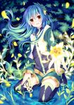  blue_hair blush boots earrings floral_print flower hair_flower hair_ornament iwashikami jewelry kneeling long_hair long_sleeves looking_at_viewer open_hand open_mouth original petals plant shiny shorts solo thigh_boots thighhighs very_long_hair yellow_eyes 