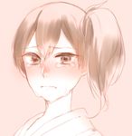  blush brown_eyes brown_hair crying crying_with_eyes_open frown kaga_(kantai_collection) kantai_collection looking_at_viewer nose_blush pink_background portrait side_ponytail simple_background solo tama_wo tears 