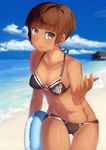  beach bikini blush bob_cut brown_eyes brown_hair cloud day highres innertube navel ocean outdoors psycho-pass ryouya short_hair sky smile solo swimsuit tan tanline tsunemori_akane water 