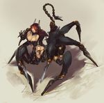  black_hair breasts cleavage cyborg eyepatch highres insect_girl large_breasts long_hair mechanical_arms mechanical_legs monster_girl monster_girl_encyclopedia one_eye_covered prehensile_tail prosthesis saimon_ma solo spider_girl tail ushi-oni_(monster_girl_encyclopedia) 