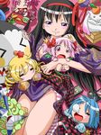  :&gt; :3 :d :o =_= ^_^ akemi_homura barefoot beamed_eighth_notes black_hair blonde_hair blush blush_stickers bow breasts charlotte_(madoka_magica) chibi cleavage closed_eyes commentary_request drill_hair eating eighth_note food fruit hair_bow hair_ornament hair_ribbon hairclip hand_on_another's_head highres hohetomaru holding japanese_clothes kaname_madoka kimono kyubey long_hair lying mahou_shoujo_madoka_magica mami_mogu_mogu miki_sayaka minigirl monster mouth_hold multiple_girls musical_note nose_bubble obentou off_shoulder on_back open_mouth orange pink_eyes pink_hair purple_eyes quarter_note red_eyes ribbon sakura_kyouko sharp_teeth shizuki_hitomi short_hair short_twintails sleeping small_breasts smile snoring spinning_top surprised teeth thighs tomoe_mami treble_clef twin_drills twintails walpurgisnacht_(madoka_magica) wide-eyed witch_(madoka_magica) 