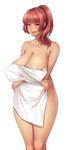  1girl artist_request blush breasts cleavage crossed_arms dark_skin huge_breasts licking_lips looking_at_viewer mature milf morisaki_megumi naked_towel naughty_face okusama_wa_moto_yari_man ponytail red_eyes red_hair simple_background tongue tongue_out towel wide_hips 