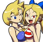  bikini_top blonde_hair blue_eyes bow breast_press breasts cleavage facial hair_bow long_hair lotion lotion_bottle low_twintails multiple_girls one_eye_closed open_mouth red_eyes sexually_suggestive shantae_(series) shantae_and_the_pirate's_curse short_hair slow_anon smile suggestive_fluid symmetrical_docking transparent_background twintails twitch_(shantae) vinegar_(shantae) 